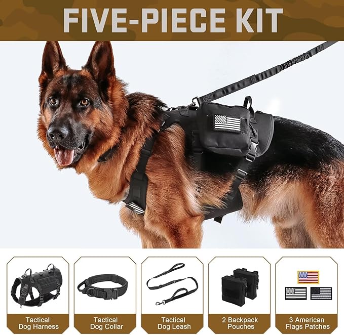 Forestpaw Tactical Dog Harness for Large Dogs,Tactical Dog Collar with Bungee Leash Set,No Pull Military Dog Harness for Walking Training,Adjustable for Medium Large Dogs,Black,Chest 15.5-25.5"