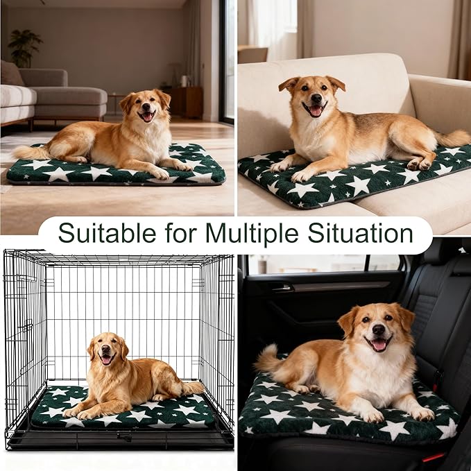 Washable Dog Bed Plush Orthopedic Outdoor Crate Mat with Non-Slip Bottom,Luxe Soft Kennel Pad for Pets, Cozy Cage Cushion & Pet Sleeping Mattress Large Sized,Medium,Small Dogs,36x24 inch,Green