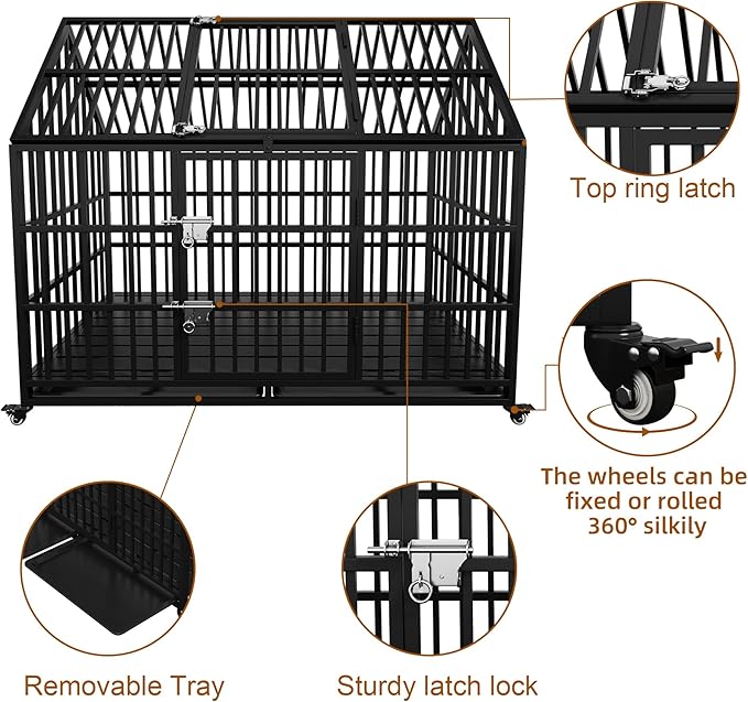 54 inch Heavy Duty Indestructible Dog Crate with Mat, Escape Proof Dog Cage Kennel with Lockable Wheels, High Anxiety Double Door, Extra Large Crate Indoor for Large Dog with Removable Tray