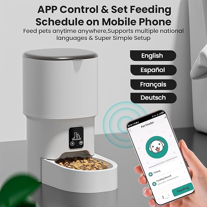 Automatic Cat Feeders - Timed Pet Feeder for Cats and Dogs with Dry Food Dispenser, APP Control Smart, 4L Grain Storage Bucket, Dual Power Supply, Programmable Portion Control (White)