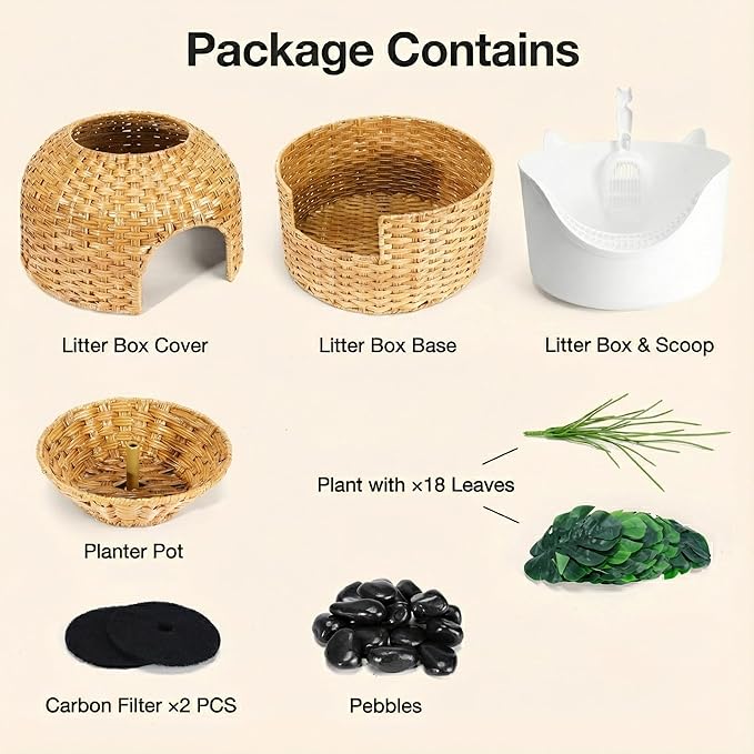 Cat Litter Box Hidden Planter Enclosure, Handwoven PE Rattan Cat Bed Cave House, Wicker Cats Toilet Furniture for Indoor Corner Living Room Bedroom Balcony