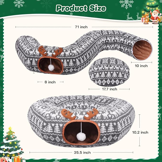 Christmas Cat Tunnel Bed - Cat Tunnels Christmas Tree Skirt for Indoor Cats - Soft Plush Cats Donut Cave with Washable Mat, Pet Play Toy Xmas Decor for Kitten, Rabbit, Puppy, Small Animal