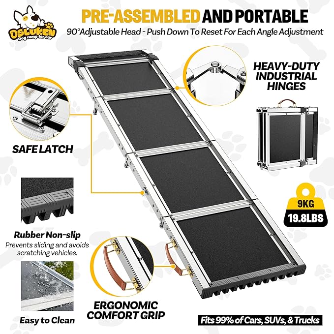 𝟐𝟎𝟐𝟓 𝐔𝐩𝐠𝐫𝐚𝐝𝐞𝐝 Dog Ramp for Car (330 lbs), Extra L71” W17” Folding Pet Ramp for Large Dogs 90° Adjustable Head, Outdoor Anti-Slip Foldable Dog Car Ramps for SUV Truck Side Door (5 Folded)