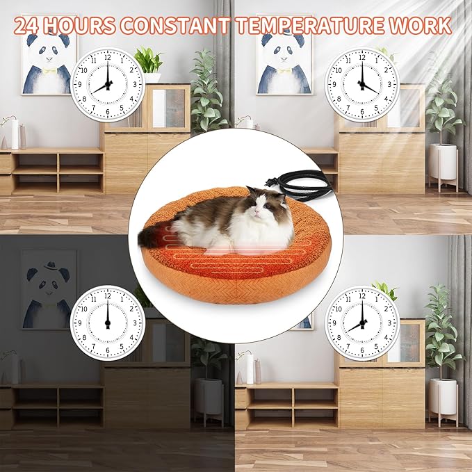 Heated Cat Beds for Indoor Cats Warming Cat Beds Super Soft Machine Washable Thermo Kitty Electric Heating Bed 19 Inches Round