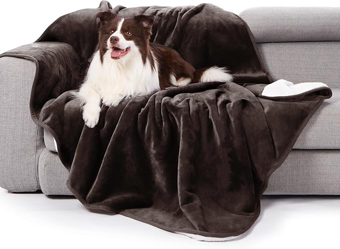 gogobunny Waterproof Bed Blanket, Reversible Sherpa Fleece Throw Blanket for Dog Puppy Cat, Furniture Cover Protects Bed Couch Sofa from Liquid Pee and Pet Fur (Dark Brown, 50x60 inches)