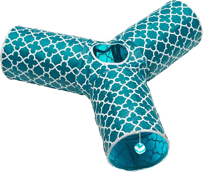 Cat Tunnel - Collapsible 3 Way Quatrefoil Play Toy - Tube Fun for Rabbits, Kittens, and Dogs - Quatrefoil Teal/White