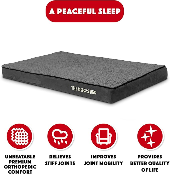 The Dog’s Bed Orthopedic Memory Foam Dog Bed, XL Grey Plush, Pain Relief for Arthritis, Hip & Elbow Dysplasia Post Surgery, Lameness, Supportive Calming, Waterproof Washable Cover, Veterinary Approved