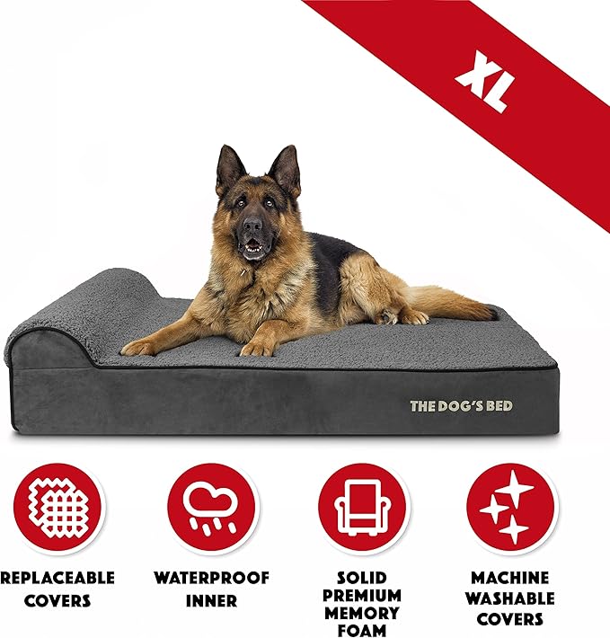 The Dog’s Bed Orthopedic Headrest Dog Bed XL Grey Plush, Memory Foam, Pain Relief for Arthritis, Hip & Elbow Dysplasia, Post Surgery, Lameness, Waterproof Washable Cover