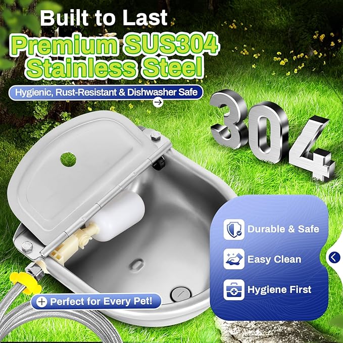 Automatic Animal Drinking Water Bowl with Drain Hole & Float Valve, 71" Extended Pipe, Stainless Steel Waterer Feeder Farm Dog Dispenser Kit Self Filling for Livestock Horse Goat Water Trough