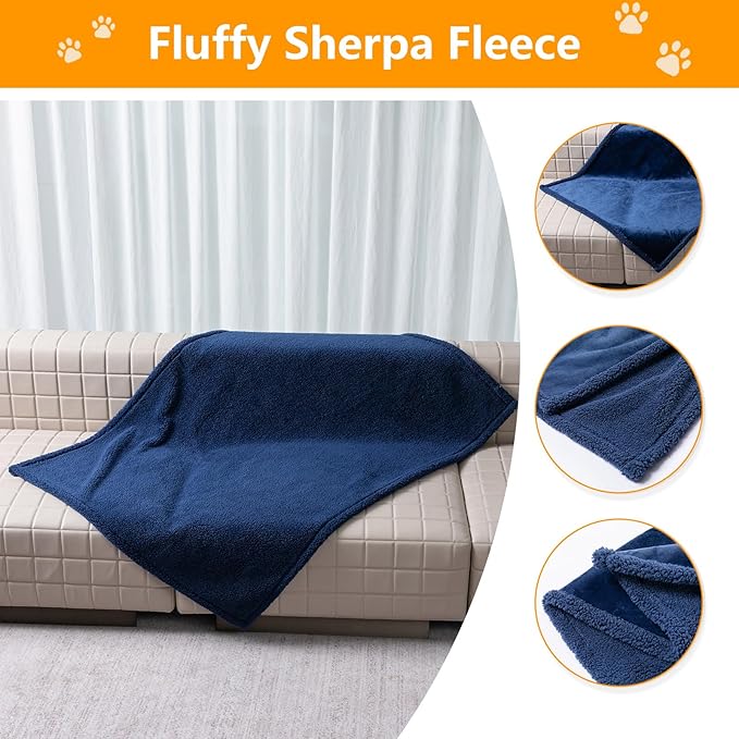 Waterproof Dog Throw Blanket Reversible Pet Fleece Blankets Bed Cover Dark Blue Puppy Blankets Leakproof Sofa Couch Washable Cover Cat Pet Blanket for Warm-Navy Blue,S-40x28in