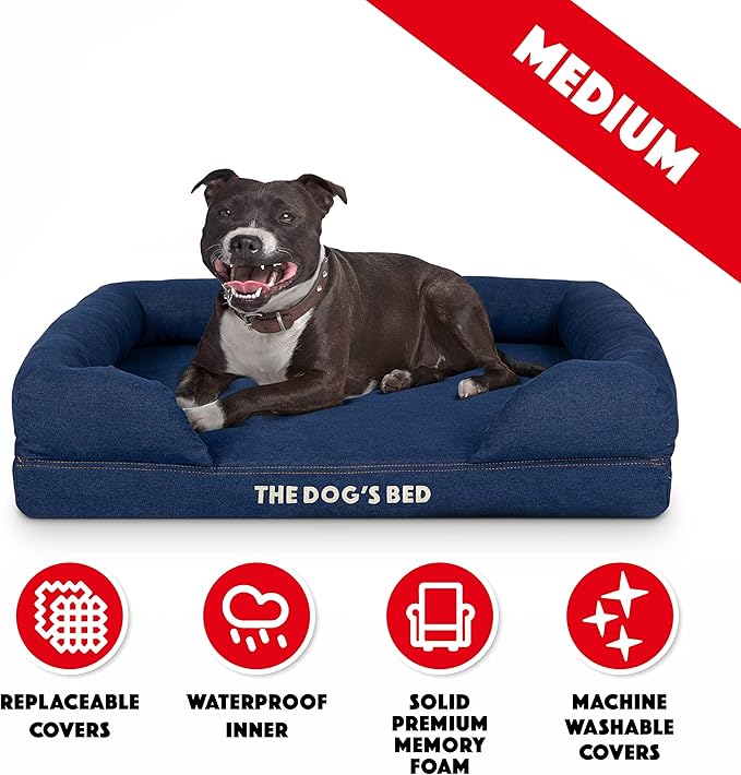 The Dog’s Bed, Med Blue Denim, Memory Foam, Pain Relief: Arthritis, Hip & Elbow Dysplasia, Post Surgery, Lameness, Supportive, Calming, Waterproof Washable Cover, Veterinary Approved