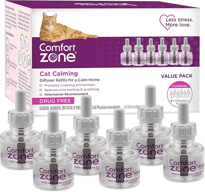 COMFORT ZONE Cat Calming Diffuser Refill, 6 Pack – Cat Calming Pheromone Refills Help Reduce Anxiety, Stress, Scratching, Urine Marking, Aggression, (30-Day Refills, 180-Day Supply)
