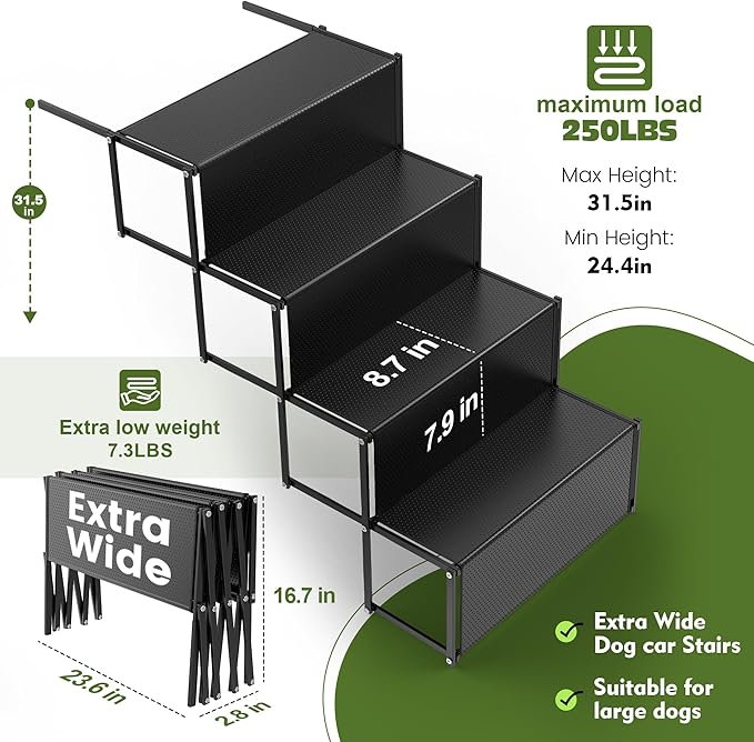 23.6" Extra-Wide Dog Car Ramp - Portable Dog Stairs with Non-Slip Surface, 250 lbs Capacity for Large Dogs, Extra-Wide Foldable Dog Steps for Cars, SUVs, High Beds, and Trucks
