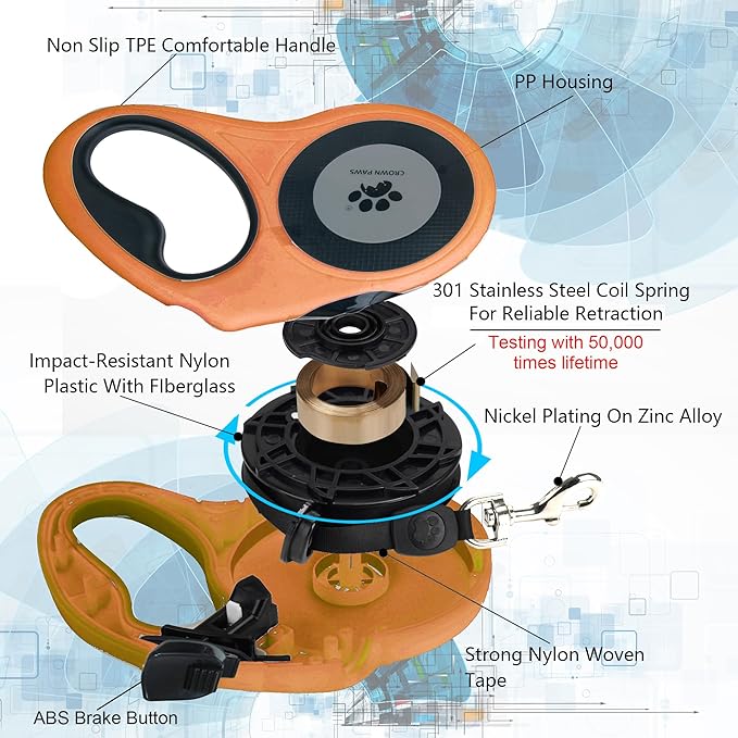 16 ft Retractable Dog Leash for Extra Large Dogs up to 130 lbs,Tangle-Free Nylon Tape,Orange Dan24 XL