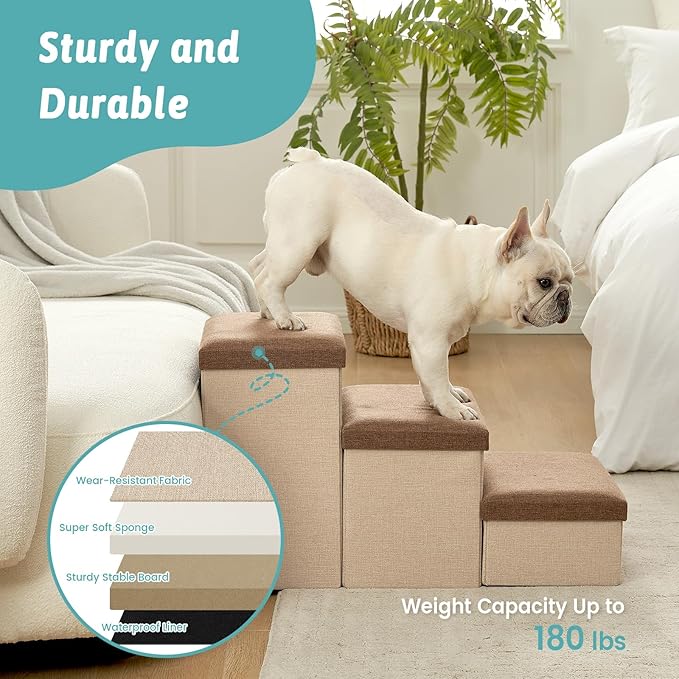Dog Stairs with Storage, 3-Step Wider Sturdy Dog Steps for Small/Medium/Large Dogs and Older Cats, Folding Doggie Ramp for Bed/Couch/Car Hold Up to 180 lbs (16.7" H, Brown)