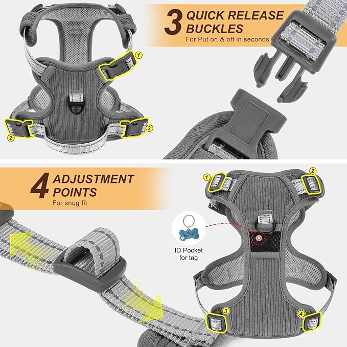BEAUTYZOO No Pull Dog Harness Large, Adjustable Dog Harness and Leash Set -Easy Wearing with 3 Buckles/Control Handle,No Choke Soft Padded Reflective Pet Vest for Training Walking Hiking,Grey XL