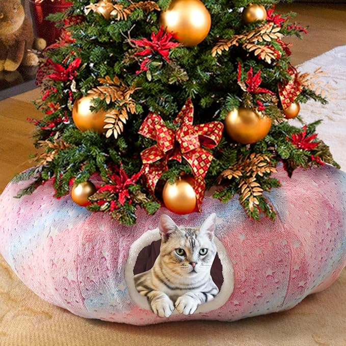 Under Christmas Tree Large Cat Tunnels Bed Tube for Indoor Cats Glows in The Dark Cat Tunnel with Cushion and Plush Ball Toy Longer Playground Toys for Dog Puppy Kitten Rabbit Pet Rainbow