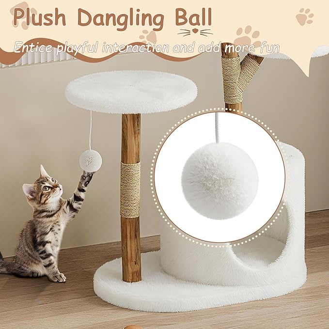 46" Large Modern Cat Tree, Wooden Cat Tower with Scratching Posts, Platforms, Spacious Wicker Basket, Pom Pom Balls and Wood Branch, Luxury Condo for Kittens