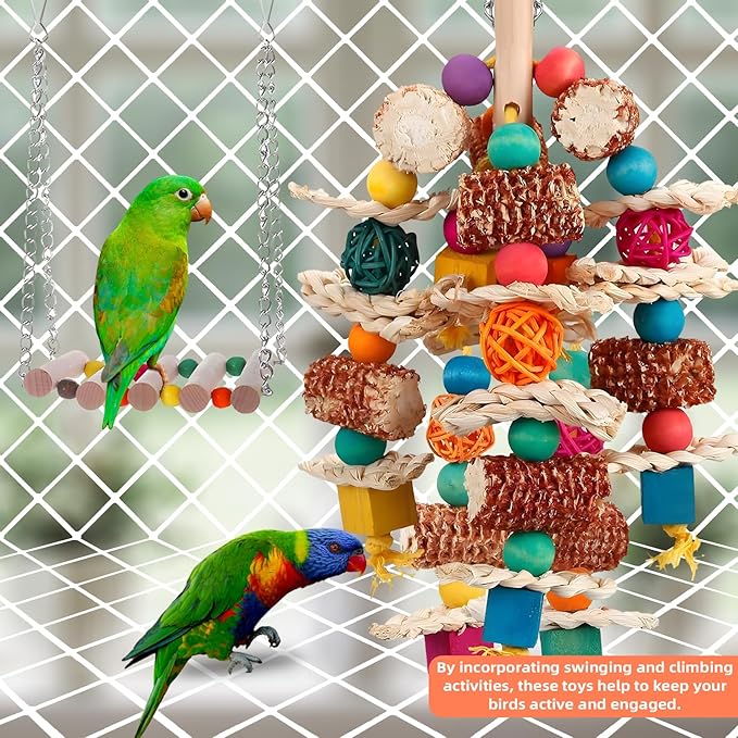 2 pcs Parrot Toys, Natural Corn Cob Bird Chewing Toys and Bird Swing Toy, Bird Cage Accessories for Cockatiels, African Grey Parrots, Macaws, Sun Conure to Exercise Beak Strength