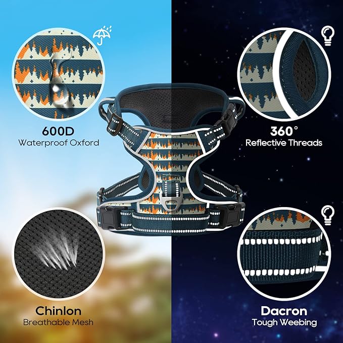 Timos Dog Harness, 3 Snap Buckles No-Pull Soft Padded Dog Vest with 2 Metal Leash Clips, Adjustable Reflective No Choke Pet Harness with Easy Control Handle for Small Dogs, Sunset Valley, S