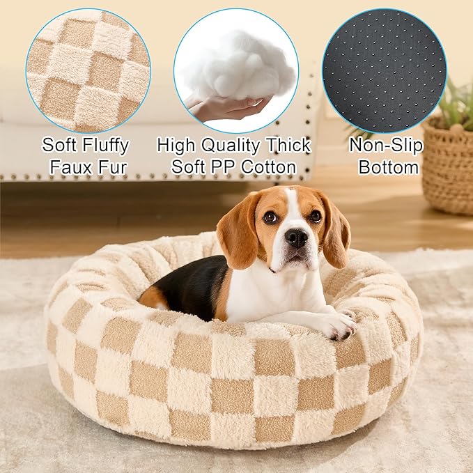 Dog Calming Beds for Small Medium Large Dogs - Round Donut Washable Puppy Dog Bed, Anti-Slip Faux Fur Fluffy Donut Cuddle Anxiety Cat Pet Bed (24" Grid)