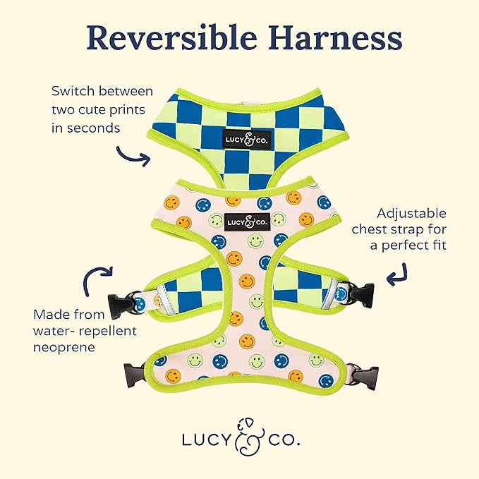 Lucy & Co. Lime Green with Blue Checker Smiley Faces, Cute Reversible Dog Harness Walking Halter - Best Designer Pet Harnesses for XS - XL Dogs - Padded Adjustable Vest for Easy Walking (Large)