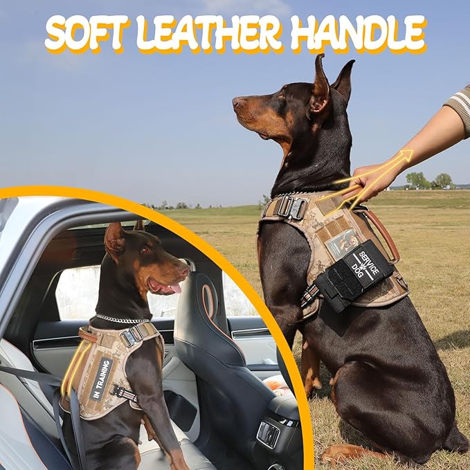 Tactical Dog Harness - HEYCAHVA Service Dog Vest Full Metal Buckles Dog Vest for Medium Large Dog Reflective No Pull Dog Harnesses with Leather Handle, Hook & Loop for Hiking Training (Desert Camo, M)
