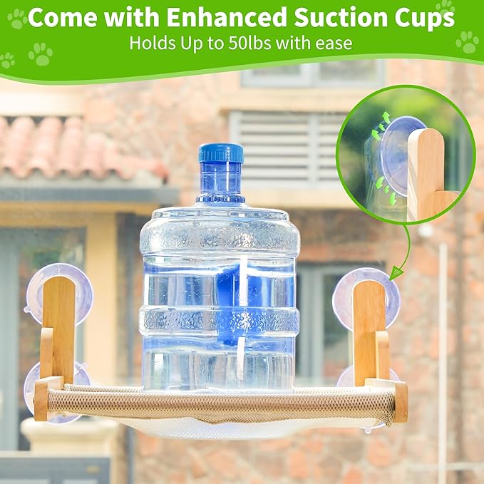 Cat Window Perch with Wooden Frame – Aloxina Foldable Cat Hammock Bed for Indoor Cats, Breathable Sandwich Mesh Cover, Strong Suction Cups, No Drilling, Supports Large Cats