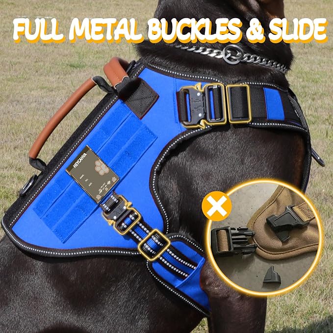 Service Dog Vest - HEYCAHVA Tactical Dog Harness Full Metal Buckles Dog Vest for Large Medium Dog Reflective No Pull Dog Harnesses with Leather Handle, Hook & Loop for Hiking Training (Blue, XL)