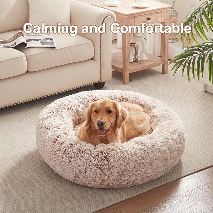 36 inches Donut Dog Bed for Large Dogs -Calming Fluffy Round Pet Bed with Removable & Washable Cover,Fits up to 80 lbs Pets (Brown,Large)