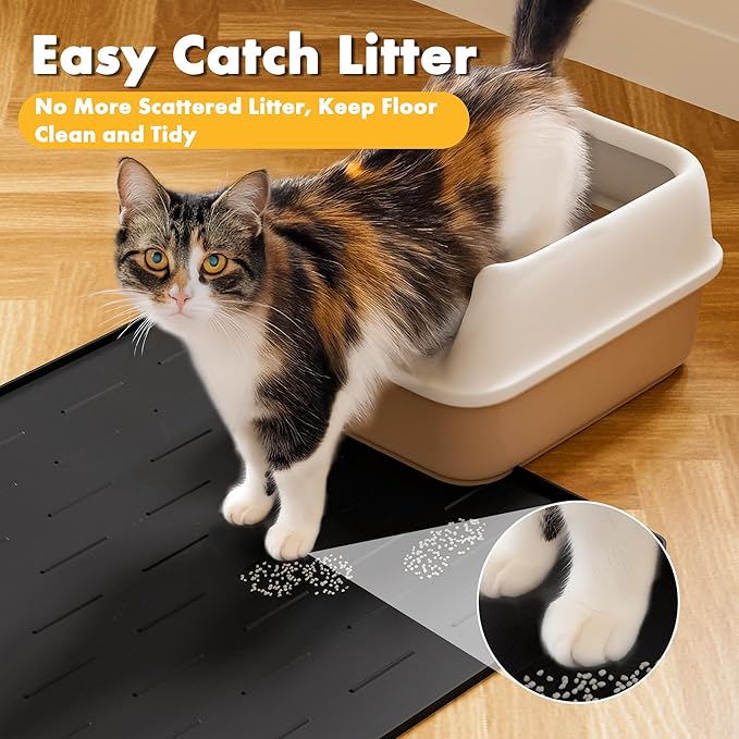 Pieviev Silicone Cat Litter Trapping Mat, 34''x22'' Large Cat Litter Mat, Easy to Clean & Soft on Kitty Paws, Waterproof Kitty Litter Pads for Indoor Cats, Black