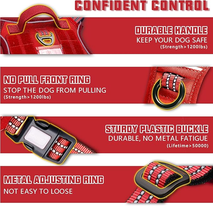 AUROTH Tactical Dog Harness for Large Dogs No Pull Adjustable Pet Harness Reflective K9 Working Training Easy Control Pet Vest Military Service Dog Harnesses Red L