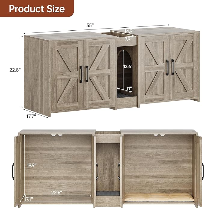55" Cat Litter Box Enclosure, Double Litter Box Cabinet with Cat Bed, PVC Pad and Scratch Pad, Hidden Litter Box Furniture for 2 Cats with Storage and 2 Entrances, Grey