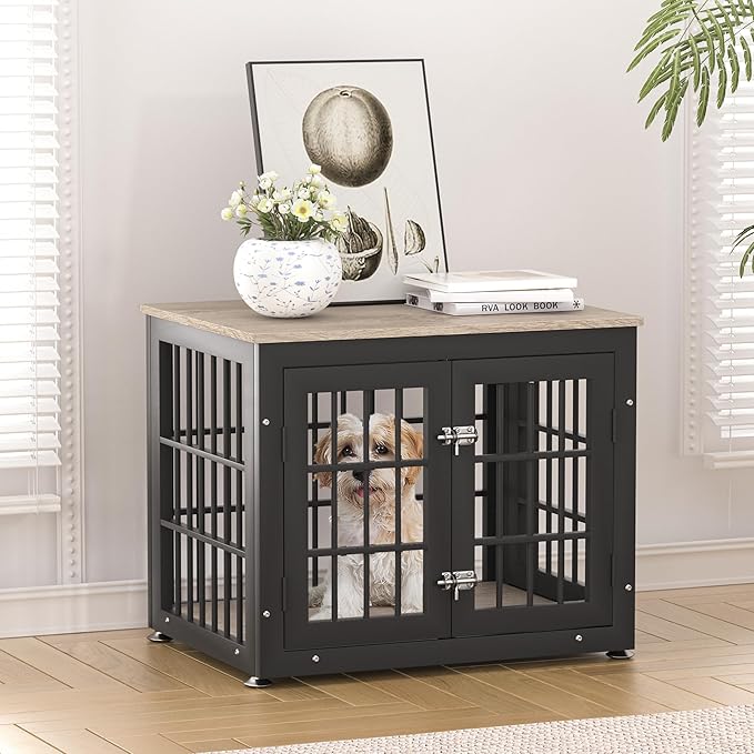 26 Inch Heavy Duty Dog Crate Furniture for Small Dogs, Decorative Pet House End Table, Wooden Cage Kennel Furniture Indoor with Double Doors, Grey