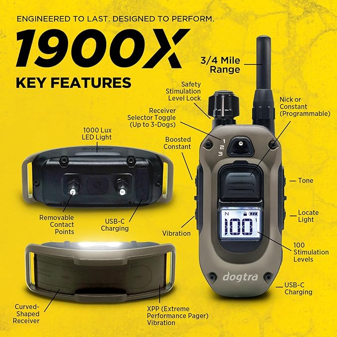 Dogtra 1900X E-Collar with Remote [New Edition] 35 lbs+, 3/4 Mile Range, LED Light, 100 Levels of Precise Control for Stubborn Dogs, Waterproof, Boost for Quick Recall, Vibration, Safety Lock & Tone