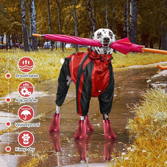 Dog Raincoat, Lightweight Rain Jacket, Adjustable 4-Legs Pet Poncho with Hood, Snow-Proof Dog Vest Rainwear, Rain Clothes Apparel with Leash Hole