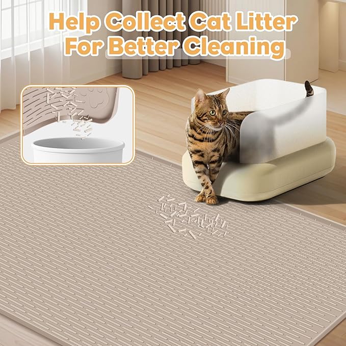40"x28" Cat Litter Mat Lanstics Cat Mat for Litter Box Large Silicone Litter Box Mat for Kitty Scatter Control Floor Protect (Khaki)