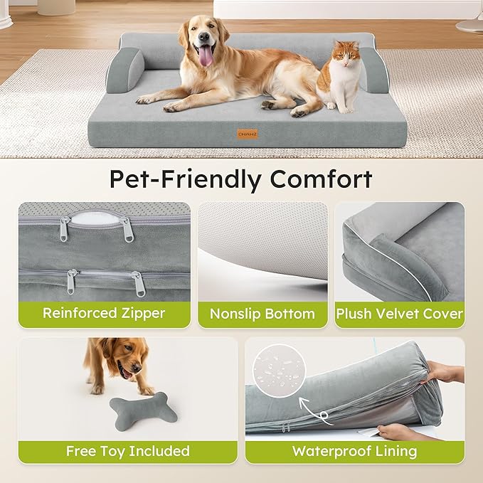 XL Orthopedic Dog Bed, Extra Large Dog Bed, Dual-Sided Pet Cooling Beds with Memory Foam Washable Cover Nonslip Bottom, Waterproof XLarge Pet Couch Beds with Bolsters, Light Grey