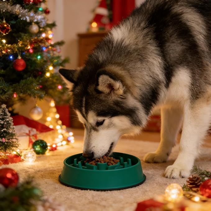QISHENG - Silicone Slow Feeder Dog Bowl,Christmas Bowl to Slow Down Eating, Food-Grade Non-Slip Dog Dish for Anti-Bloat, Fast Eating Prevention, Dishwasher Safe