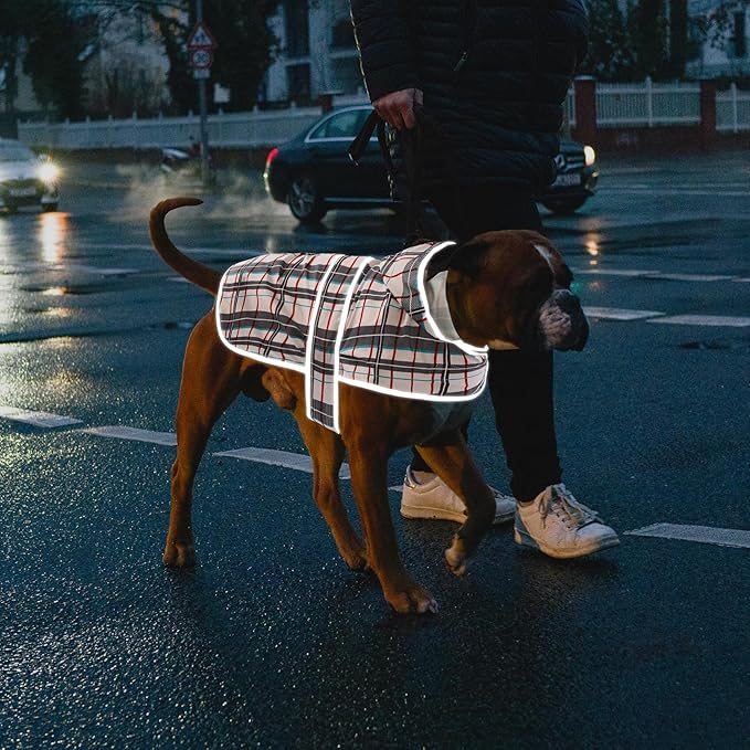 Dog Raincoats for Large Dogs Waterproof Hooded Rain Jacket with Reflective Strips Leash Hole & Poncho Adjustable Fit (Plaid,XXL)