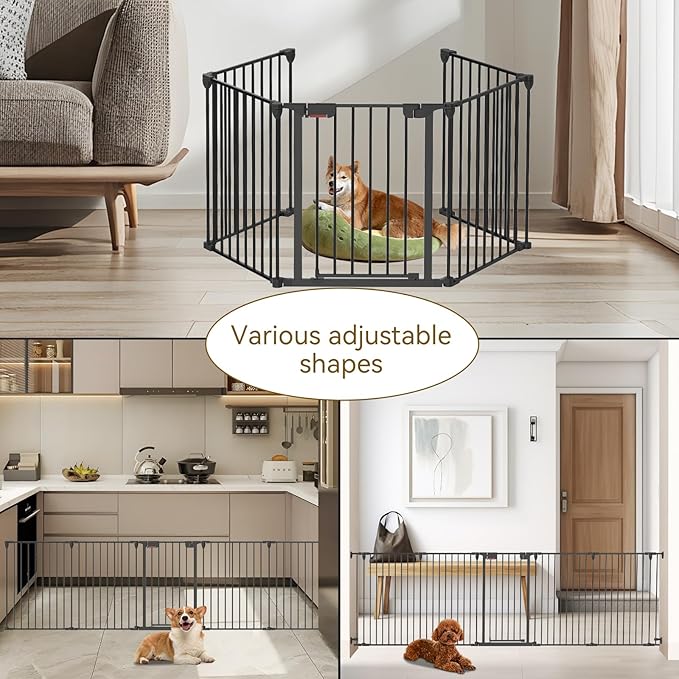 Dog Gate 27.5"-129" Extra-Wide Playpen, Freestanding Pet Gate, Puppy Fence with Auto-Close Door, Double Locking System for Fireplace, Foldable (Black, 5 Panels