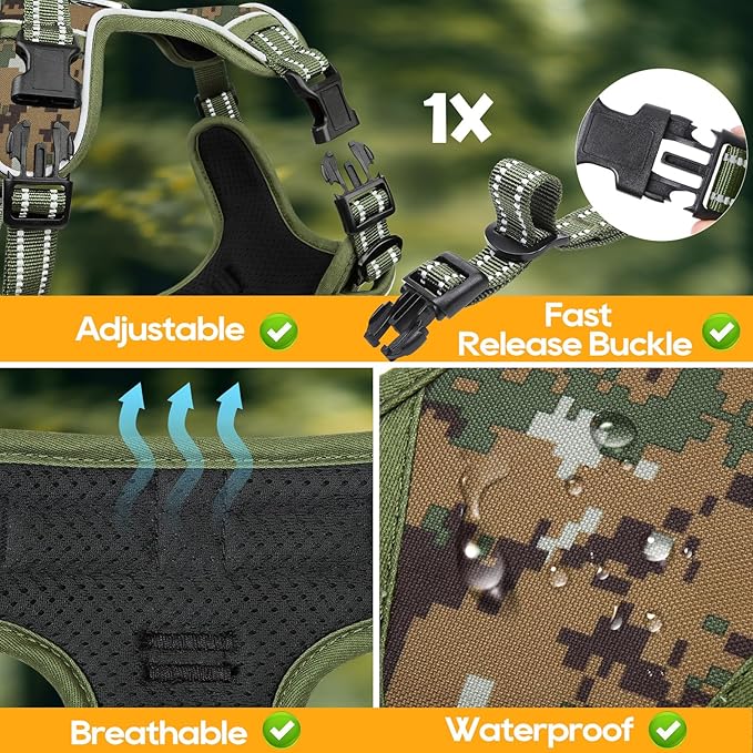 Timos Dog Harness Large Sized,No Pull Dog Harness Adjustable Metal Rings 3 Buckles,Reflective No Choke with Easy Control Handle for Large Dogs,Military Green L