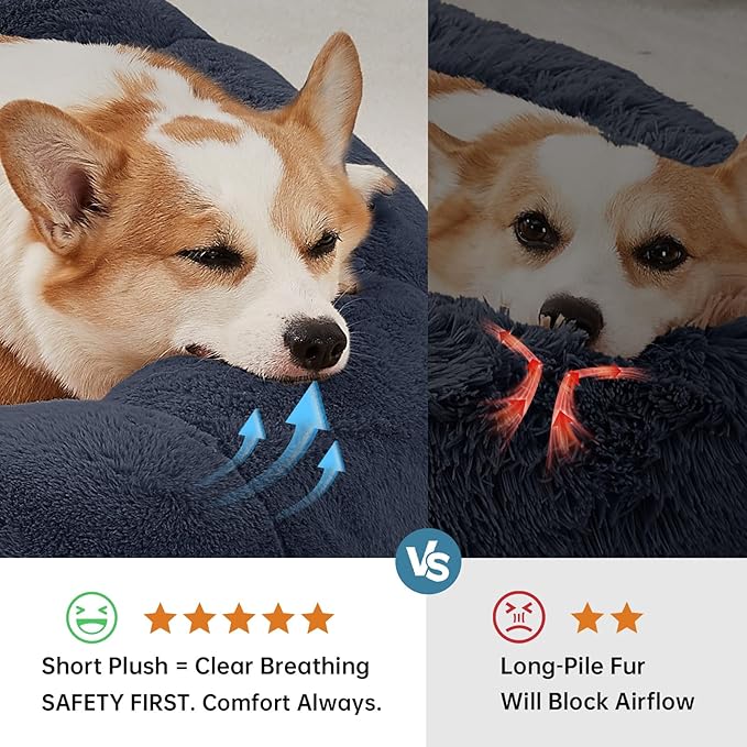 OhGeni 31 inches Calming Donut Orthopedic Dog & Cat Bed for Medium Pets, Warming Comfort Fluffy Short Pile Fur, Durable Waterproof Machine Washable Removable Cover, Cute Round Bed for Puppy, Blue