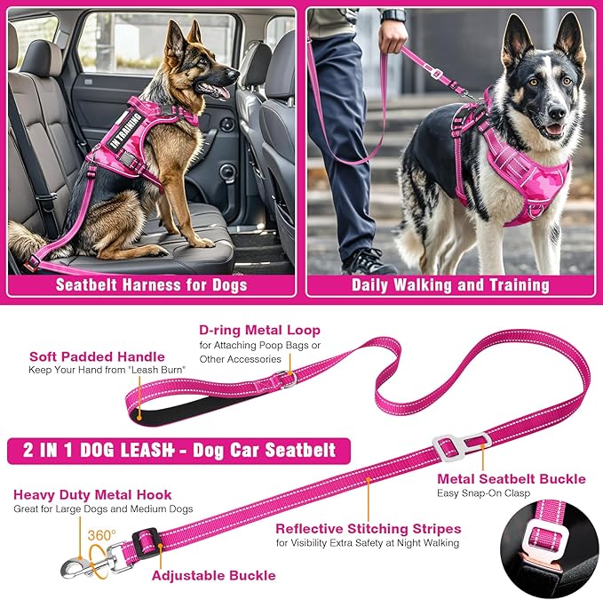 Tactical Service Dog Vest and Leash Set,Heavy Duty No Pull Dog Harness and 10 Patches with Dog Seat Belt for Large Dogs,Reflective Pet Harness for Training Walking Hiking Camo Pink XL