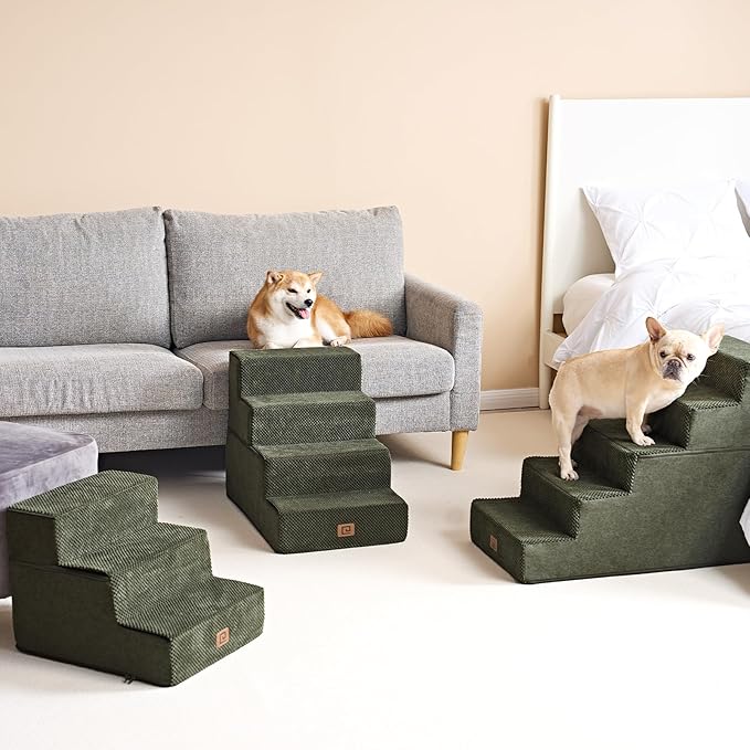 EHEYCIGA Dog Stairs for Small Dogs 13.5" H, 3-Step Dog Steps for Couch Sofa and Chair, Pet Steps for Medium Cats, Non-Slip Balanced Pet Ramp Indoor, Military Green