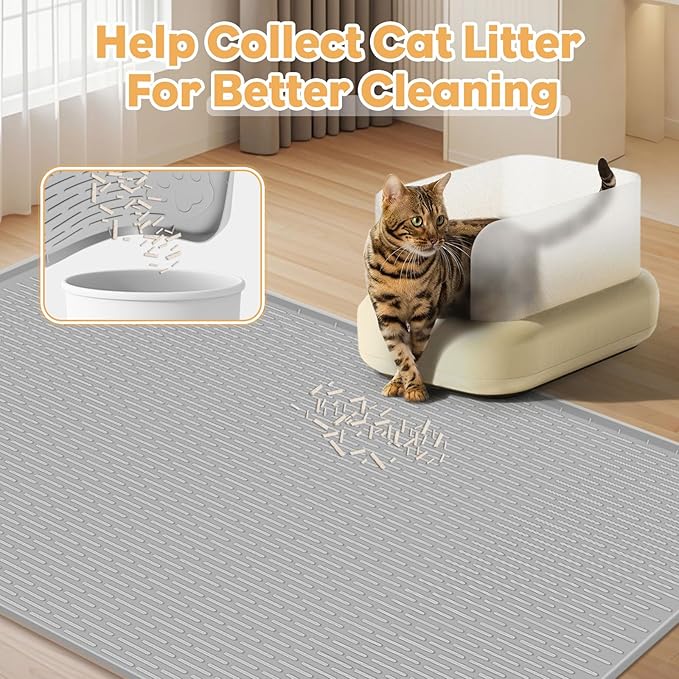 40"x28" Cat Litter Mat Lanstics Cat Mat for Litter Box Large Silicone Litter Box Mat for Kitty Scatter Control Floor Protect (Grey)