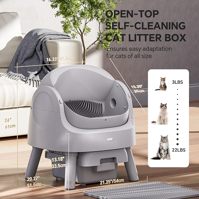 Self Cleaning Cat Litter Box, Open-Top Automatic Litter Box for Multiple Cats with Safety Sensors, Includes Liner Bags and Litter Mat, Grey