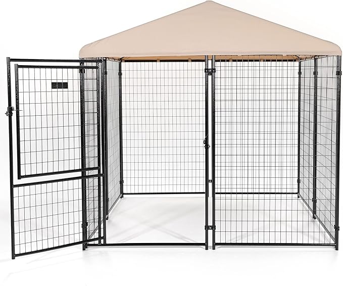 Lucky Dog Stay Series 8' x 8' x 6' Executive Black Powder Coat Steel Frame Large Outdoor Dog Kennel w/Waterproof Canopy Roof & Single Gate Door, Khaki