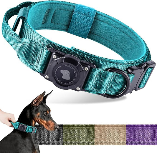 2025 Upgrade Waterproof AirTag Dog Collar, Military Tactical Dog Collar with AirTag Holder, Comfortable Control Handle and Metal Buckle, GPS Dog Collar Holder for Medium to Large Dogs (Blue, M)