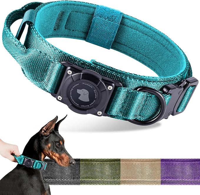 2025 Upgrade Waterproof AirTag Dog Collar, Military Tactical Dog Collar with AirTag Holder, Comfortable Control Handle and Metal Buckle, GPS Dog Collar Holder for Medium to Large Dogs (Blue,L)